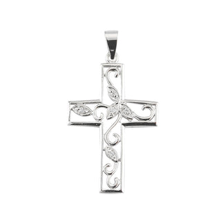 Sterling Silver Cubic Zircon Vine Cross with 18-inch Rhodium Plated Chain