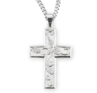 Sterling Silver Cubic Zircon Vine Cross With 18 Inch Rhodium Plated Chain