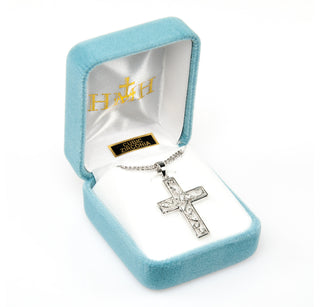 Sterling Silver Cubic Zircon Vine Cross with 18-inch Rhodium Plated Chain