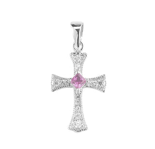 Sterling Silver Cubic Zircon and Fucshia Cross with 18-inch Rhodium Plated Chain
