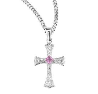 Sterling Silver Cubic Zircon And Fucshia Cross With 18 Inch Rhodium Plated Chain