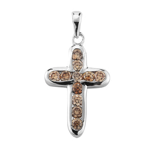 Sterling Silver Champagne Crystal Zircon Cross with 18-inch Rhodium Plated Chain