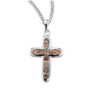 Sterling Silver Champagne Crystal Zircon Cross With 18 Inch Rhodium Plated Chain