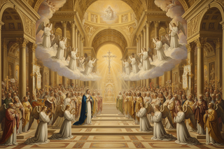 A scene in Heaven in the Catholic version of Heaven, wide angle, high resolution, lots of glory.