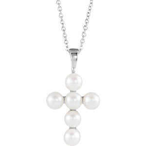 Sterling Silver Freshwater Cultured Pearl Cross 16-18" Necklace