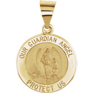14K Gold 15 MM Round Hollow Guardian Angel Medal
