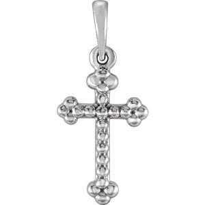 14K White Beaded Cross Pendant