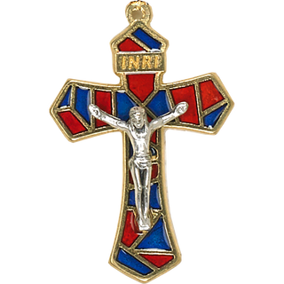 Bulk 1-1/4 inch Red/Blue Enameled Gold Tone Crucifix
