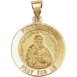 14K Gold 18 MM Round Hollow Padre Pio Medal