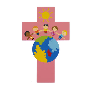 4-pack - 8 inch Wood Cross - Children of the World - Pink