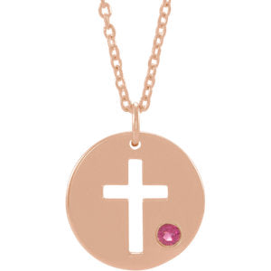 14K Rose Tourmaline Pierced Cross Disc 16-18" Necklace