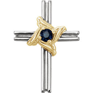 14K White & Yellow Blue Sapphire Cross Pendant