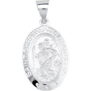 14K White 19x13.5 MM Oval St. Christopher Hollow Medal