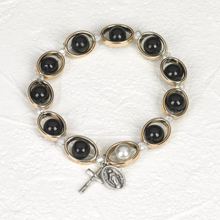 4-pack - Black and Gold Tone Oval Rosary Stretch Bracelet