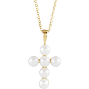 14K Gold Freshwater Cultured Pearl Cross 16-18" Necklace