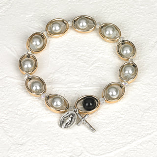 4-pack - White Faux Pearl and Gold Tone Oval Rosary Stretch Bracelet
