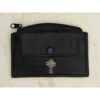 6-Pack - Black Leather Rosary Case with Zipper and Snap Pocket- Cross