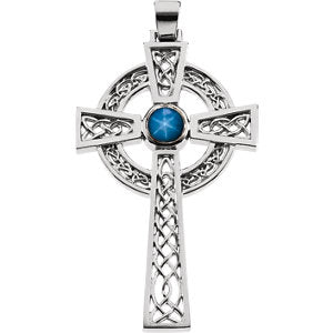 Sterling Silver Blue Star Sapphire Cross Pendant