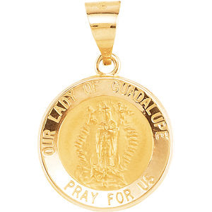 14K Gold 15 MM Round Hollow Our Lady of Guadalupe Medal