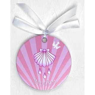 2-pack - 4 inch Round Baby Crib Medal - Pink Baptism