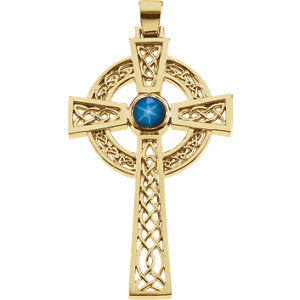 14K Gold Blue Star Sapphire Cross Pendant