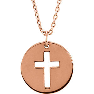 14K Rose Pierced Cross Disc 16-18" Necklace