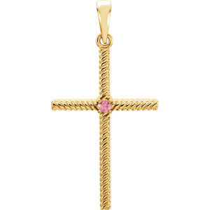 14K Gold Pink Tourmaline 31.95x16.3 MM Rope Design Cross Pendant