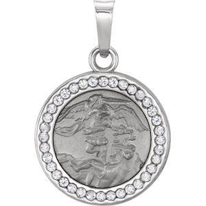 14K White Saint Michael Medal with Lab-Created White Sapphires