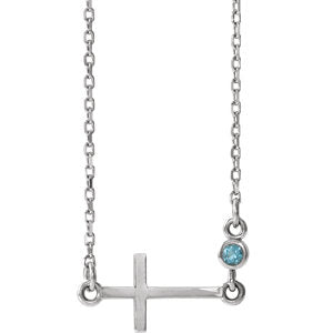 Sterling Silver Aquamarine Sideways Accented Cross 16-18" Necklace