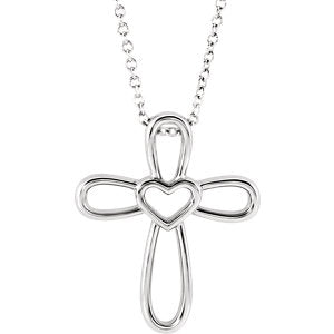 Sterling Silver Cross with Heart 16-18" Necklace