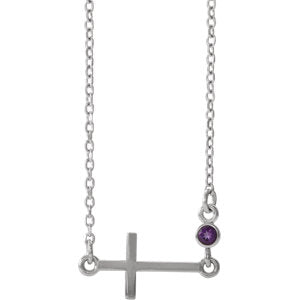 14K White Amethyst Sideways Accented Cross 16-18" Necklace