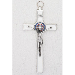 8 Inch White Enamel Saint Benedict Cross