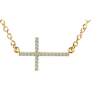 14K Gold Aquamarine Sideways Cross 16-18" Necklace