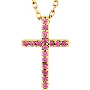 14K Gold Pink Tourmaline Cross 16" Necklace