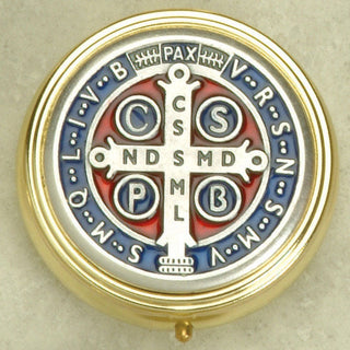 Silver Plated Pyx with Saint Benedict - Enameled - Large 2-3/8 Inches