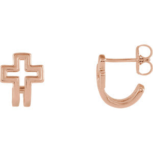 14K Rose Open Cross J-Hoop Earrings