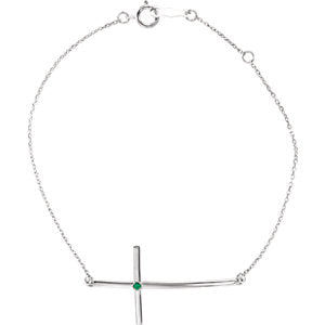Sterling Silver Imitation Emerald Sideways Cross Bracelet