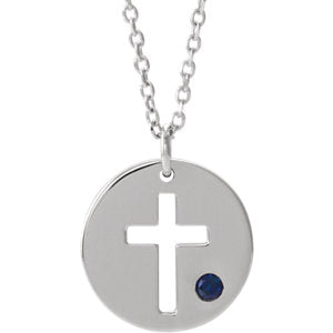 14K White Sapphire Pierced Cross Disc 16-18" Necklace