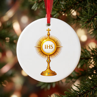 IHS Monstrance Ceramic Ornament hanging on a Christmas tree