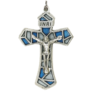 Bulk 1-1/4 inch Blue/Silver Enameled Crucifix