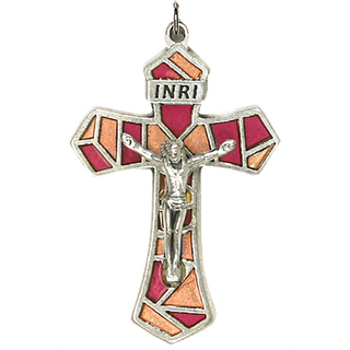 Bulk 1-1/4 inch Red/Peach Enameled Crucifix