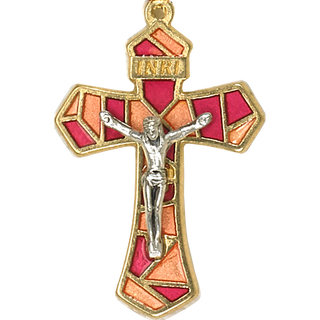 Bulk 1-1/4 inch Red/Peach Enameled Gold Tone Crucifix