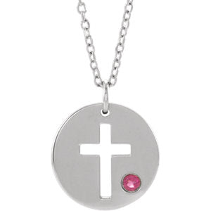 Sterling Silver Imitation Tourmaline Pierced Cross Disc 16-18" Necklace