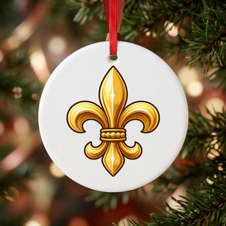Gold Fleur-de-Lis Ceramic Ornament hanging on a Christmas tree