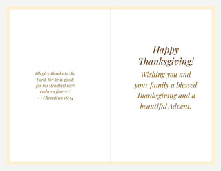 Set of 10 Thanksgiving Cards - Elijah Fed by the Ravens, Vintage Bible Print: inside of the card with printed greeting