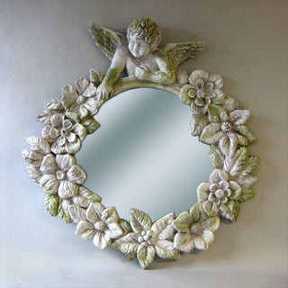 Round Cherub Mirror Frame Statue - 38-inch