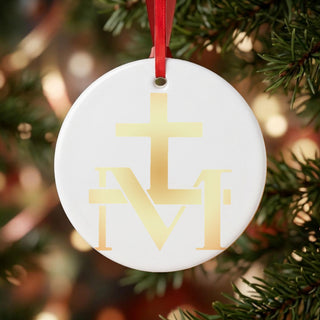 Miraculous Medal 'M' and Cross Gold Ceramic Ornament hanging on a Christmas tree