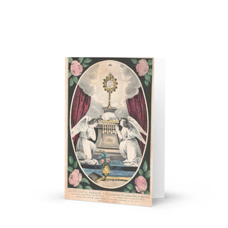 Ordination Card - Monstrance Adored by Angels Vintage Lithograph: front