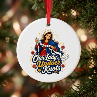 Our Lady Undoer of Knots Ceramic Ornament hanging on a Christmas tree