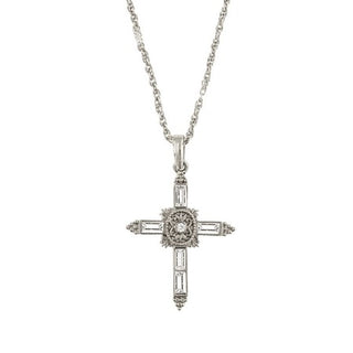 Silver-Tone Crystal Cross Necklace 18"